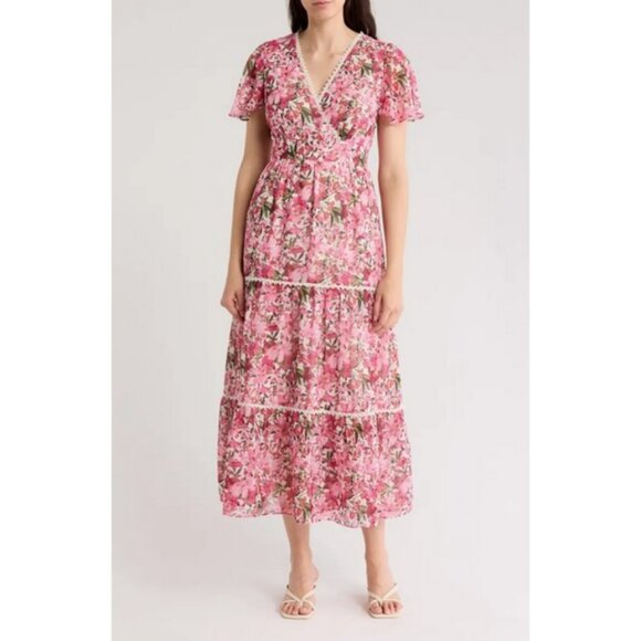 💕ANNE KLEIN💕 Floral Flutter Sleeve Tiered Maxi Dress ~ Carmine Rose 12 NWT - Picture 2 of 4